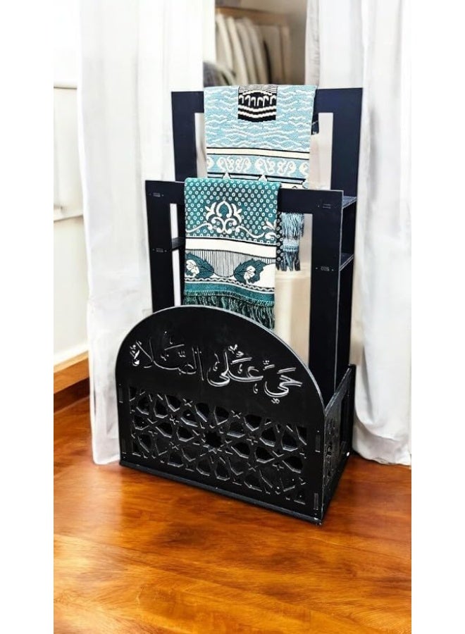 Eworld 2-in-1 Prayer Mat Stand with Built-In Quran Holder | Elegant Black Islamic Design with Arabic Calligraphy | Water & Fireproof - Image 1
